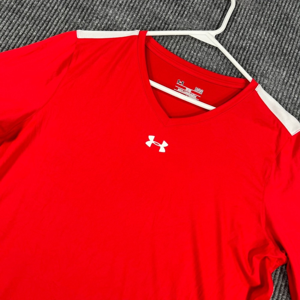 Under Armour Shirt Womens Large Red Long Sleeve V Neck Loose Gear Heat Gear
